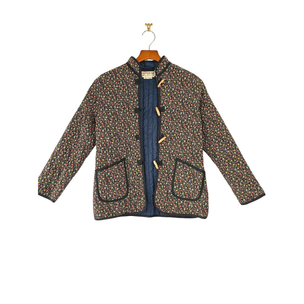 VTG 70s  Imperial Quilted Floral Chore Jacket Rayon Toggle Mandarin Collar M